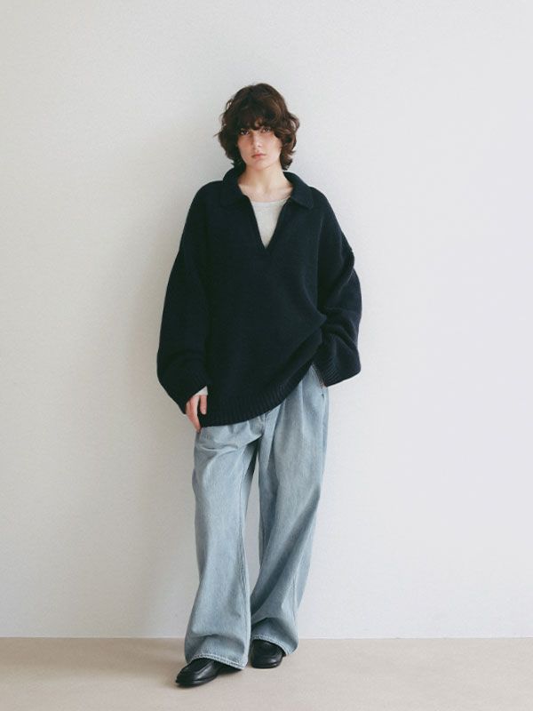オーバーサイズスキッパーニットプルオーバー (NAVY)