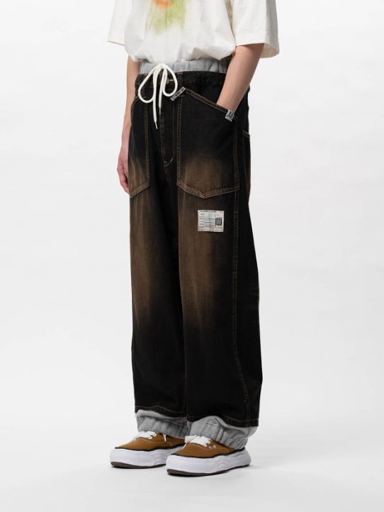 スウェットパンツ コンバインドデニムパンツ - Sweat Pants Combined Denim Pants (BLACK)