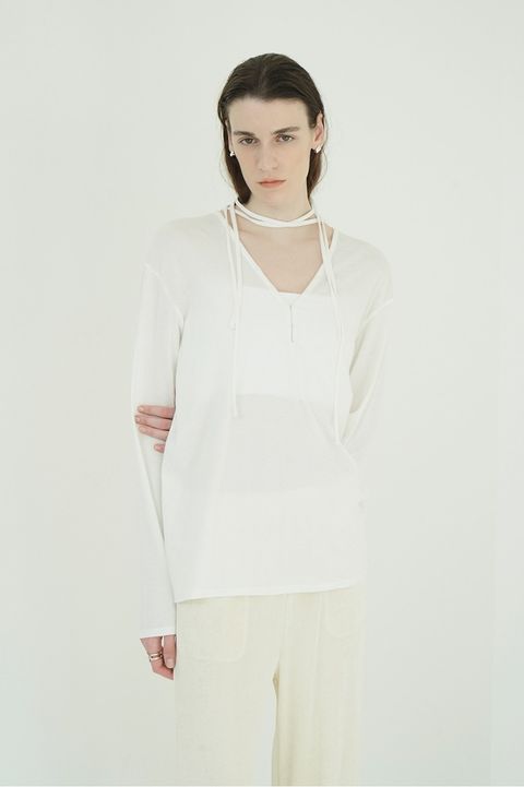 デザインリボンカットトップス - DRAWSTRING LOOSE CUT TOPS (WHITE)