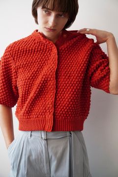 スリーディー ハーフスリーブ ニット カーディガン  - 3D DOT HALF SLEEVE KNIT CARDIGAN RED