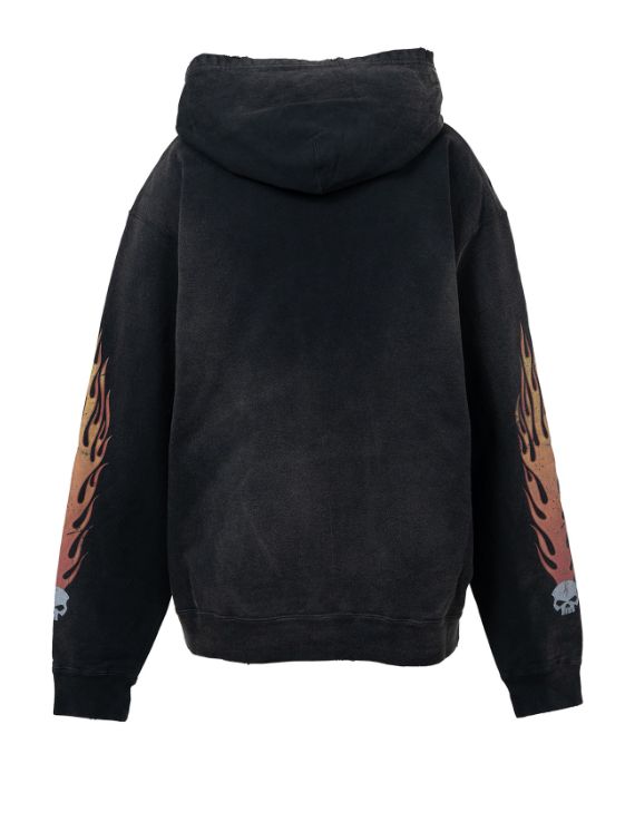スカルフレイム ディストレスド ジップアップフーディー - “Skull Flame”Distressed Zip-up Hoodie (BLACK)