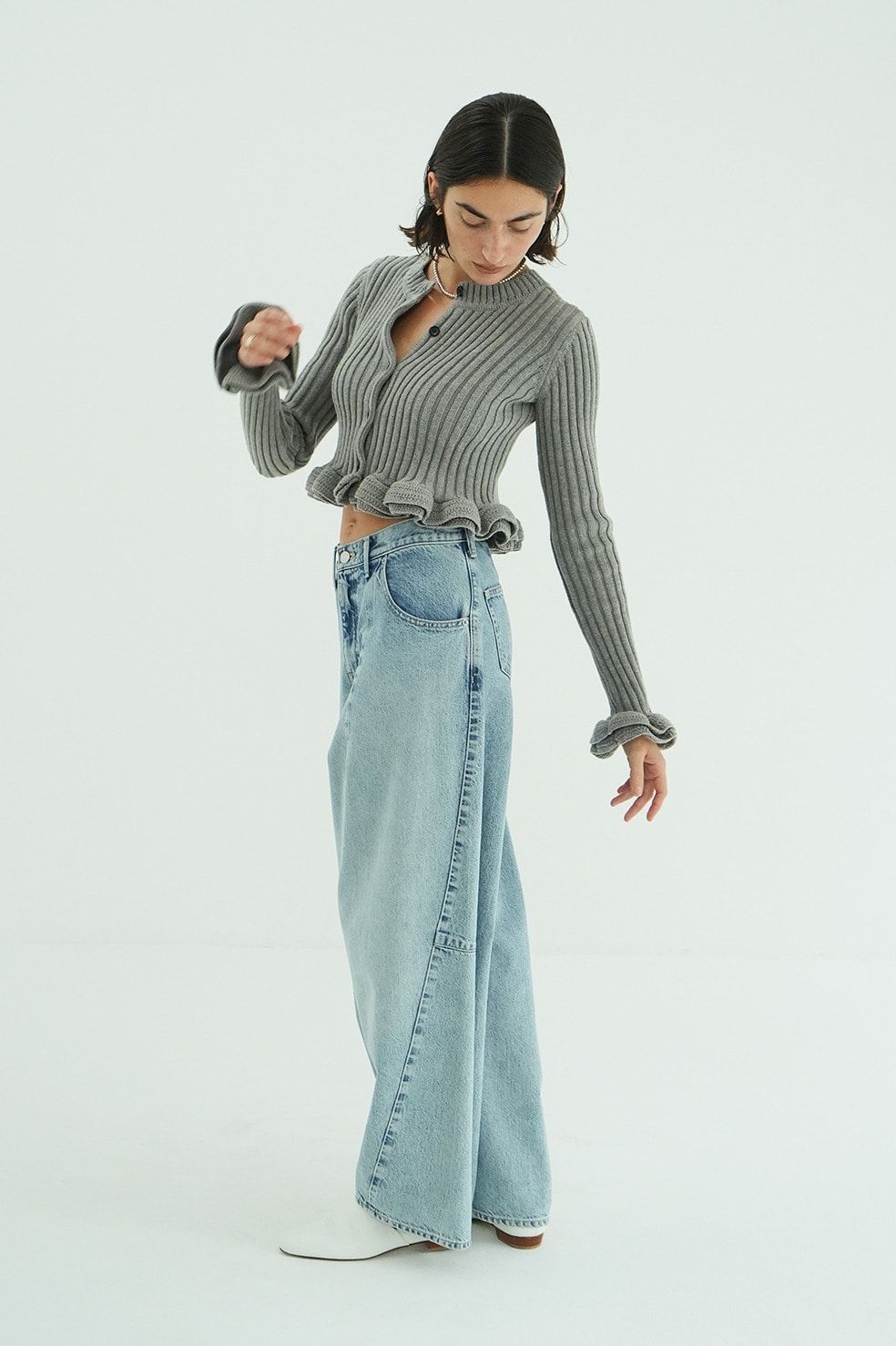 ダブルフェイス フリルド ニットトップス - W FACE SHORT FRILLED KNIT TOPS (GREY)