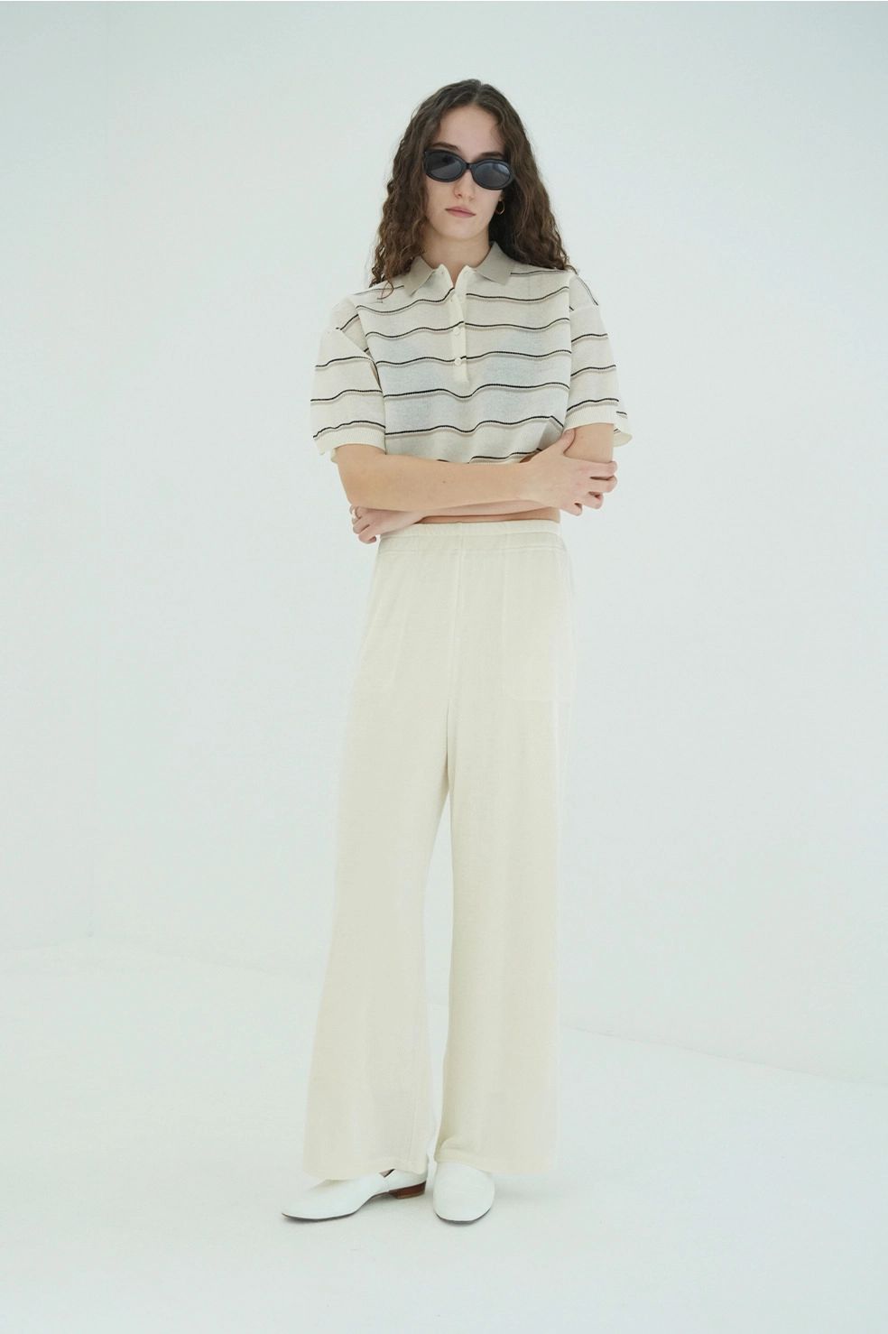 ボーダーポロトップス - SPONGY SHEER POLO KNIT TOPS (IVORY)