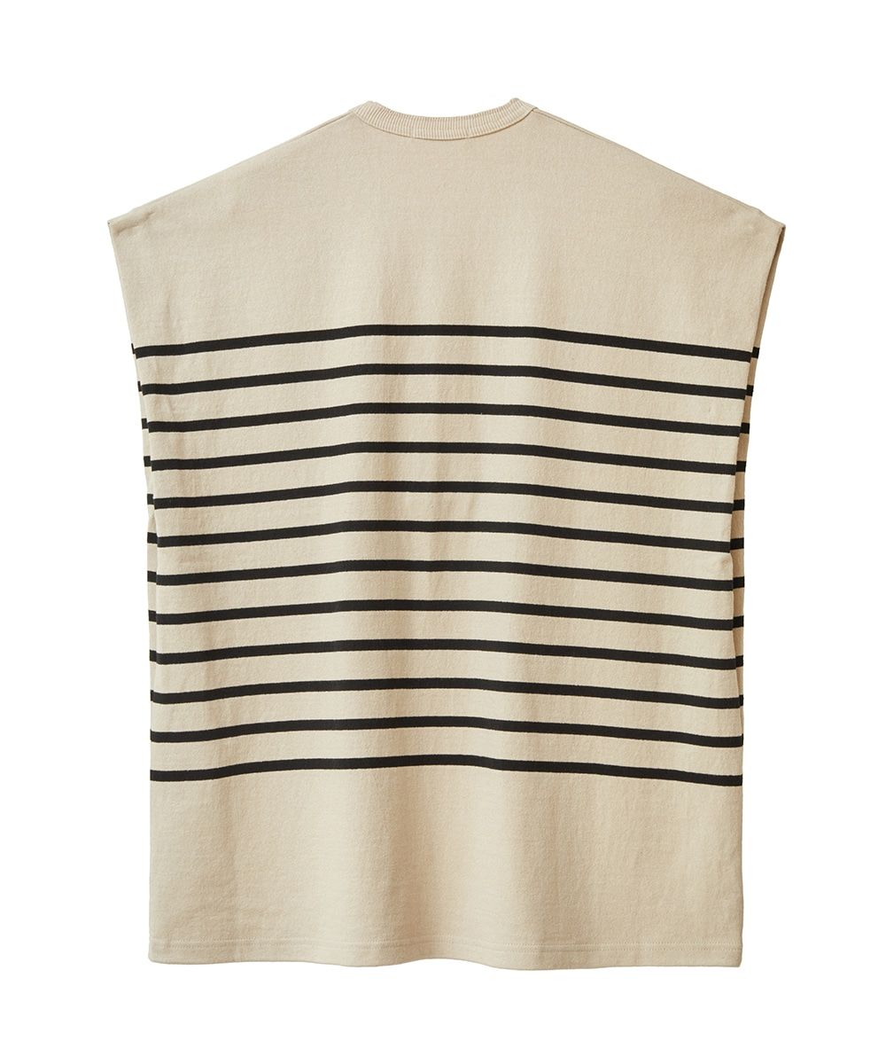 ワイド ヘンリー ネック ノースリーブ トップス - WIDE HENLEY NECK N/S BORDER TOPS - BEIGE