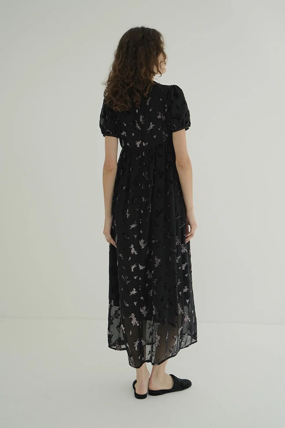 オパールプリント ワンピース -   FLOWER OPAL PUFF ONEPIECE BLACK