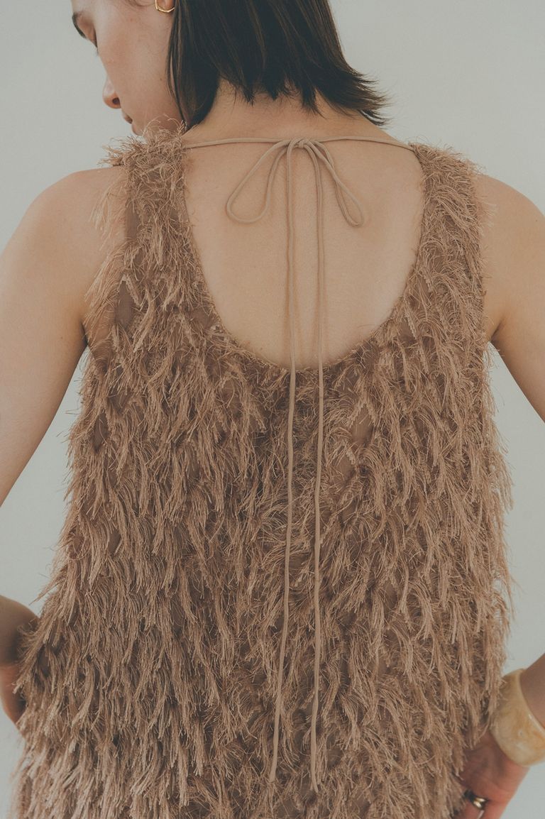 CLANE - W FACE CROSS FRINGE TOPS - BEIGE | ADDICT WEB SHOP