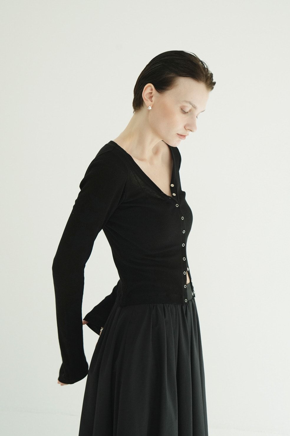タンクトップ+カーディガン - CURVED NECK LAYERED SET TOPS （BLACK）