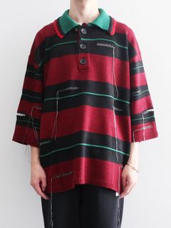 オーバーサイズ  ポロニット - OVERSIZED BORDER POLO KNIT COLLAB WITH rurumu: - BLACK × DARK RED