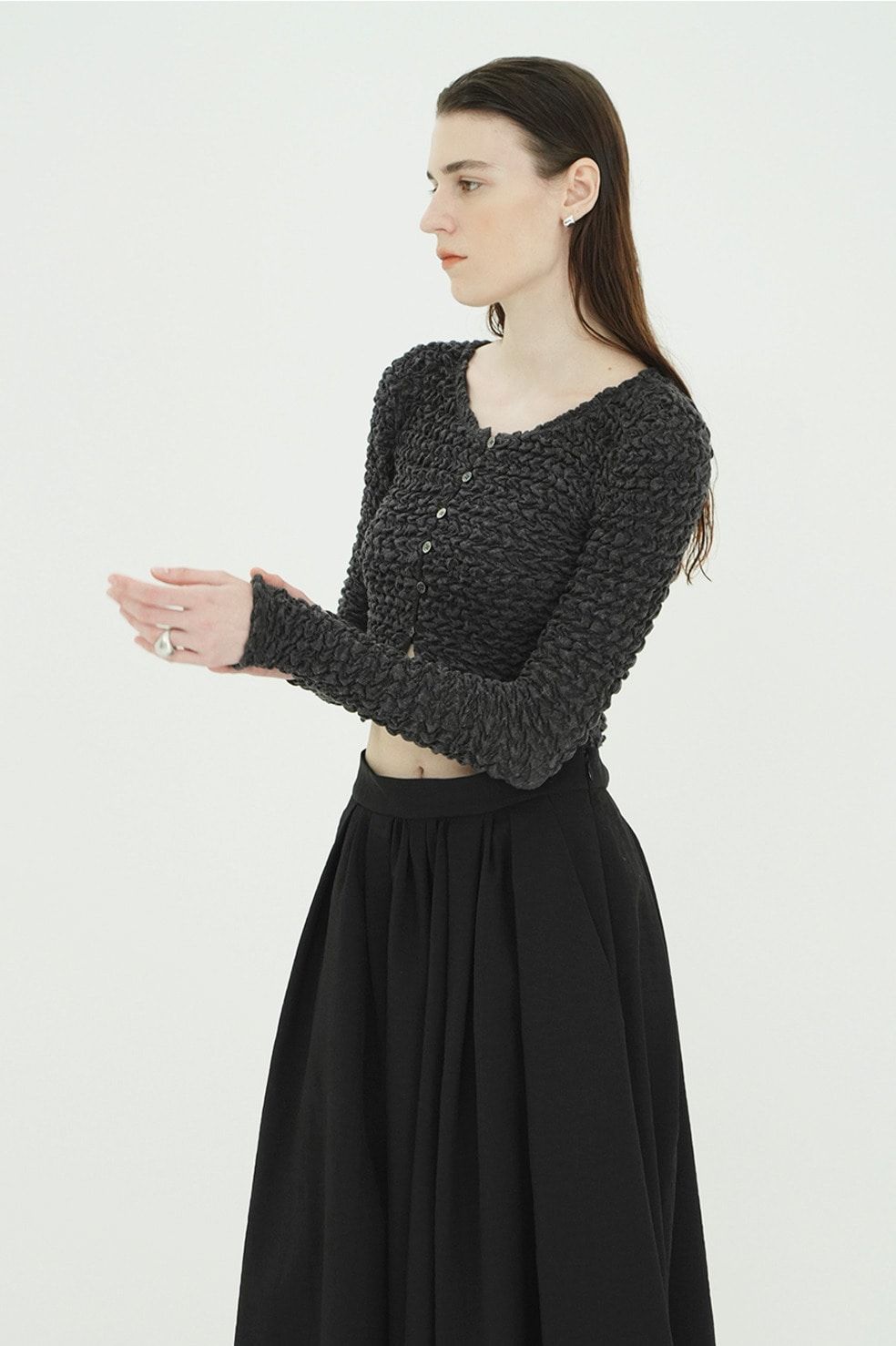 ダブルフェイス シャーリング カーディガン  - W FACE SOFT SHIRRING CARDIGAN (GREY)