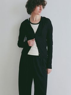 シアーニットフードカーディガン（BLACK)