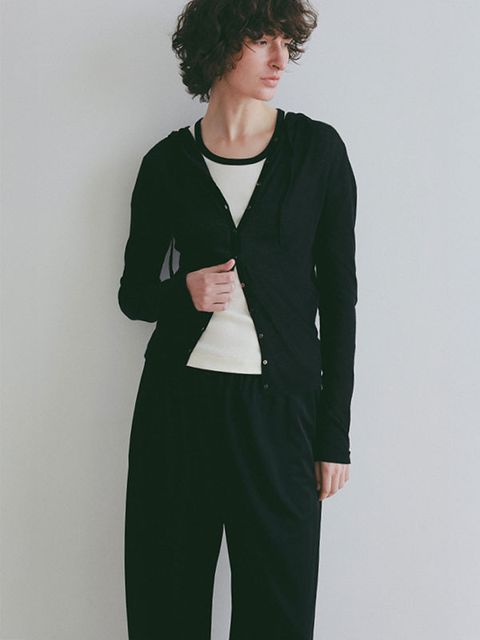 シアーニットフードカーディガン（BLACK)