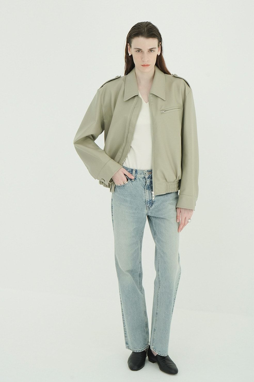 バルキーラインシングルレザージャケット - BULKY LINE SINGLE LEATHER JACKET (MOSS GREEN)