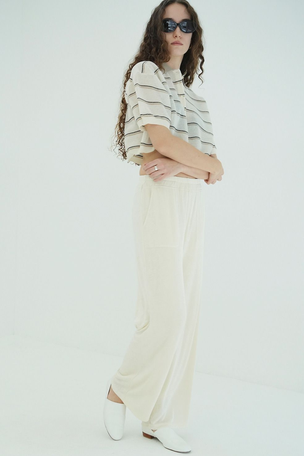 ボーダーポロトップス - SPONGY SHEER POLO KNIT TOPS (IVORY)