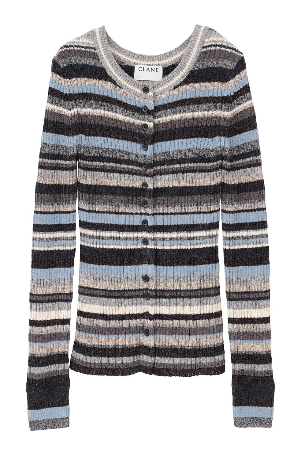 マルチボーダーニットカーディガン - MULTI BORDER BUTTON DETAIL KNIT CARDIGAN (SAX)