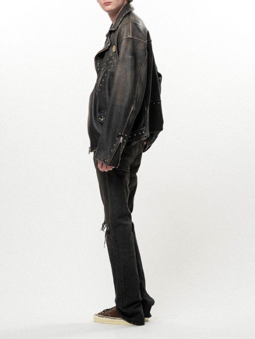 ディストレスド スリム ブーツカット デニム パンツ - Distressed Slim Bootcut Denim Pants (BLACK)