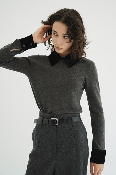 ベロアカラーニットトップス | VELOR COLLAR KNIT TOPS (GREY)