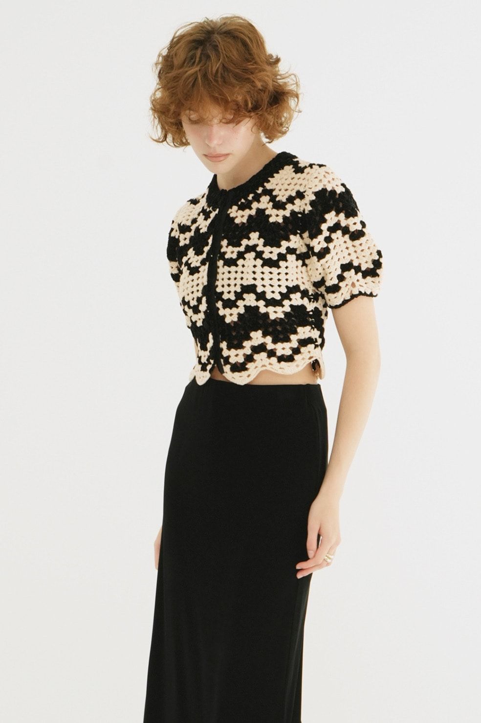 半袖ニットカーディガン - MALL BORDER HAND CROCHET KNIT CARDIGAN (black)