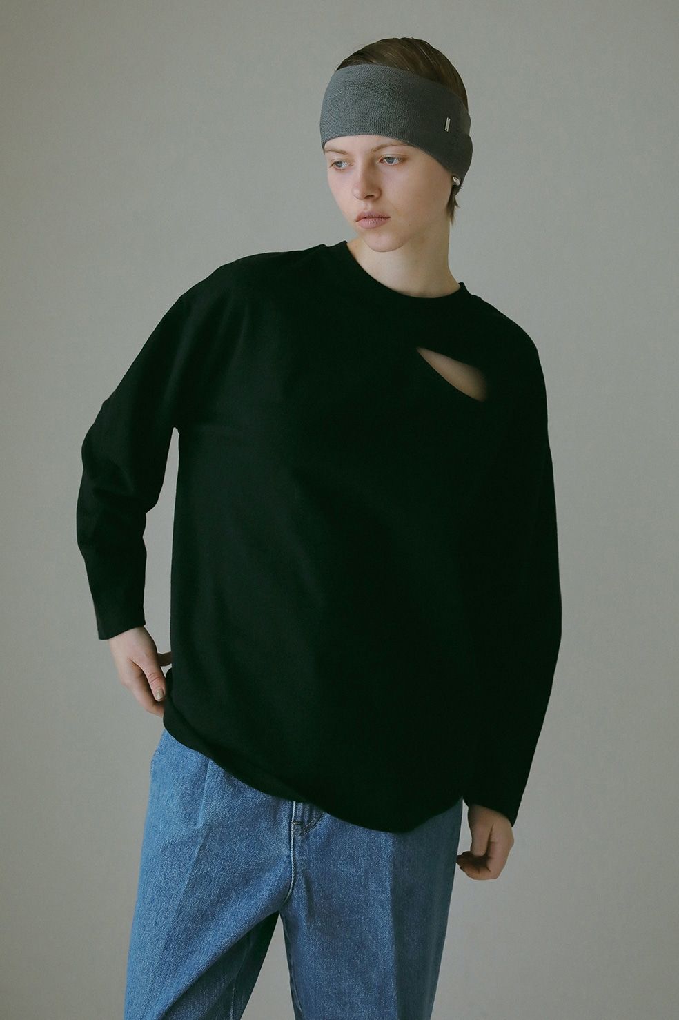 SLIT LONG TEE BLACK - スリット ロングスリーブ カットソー