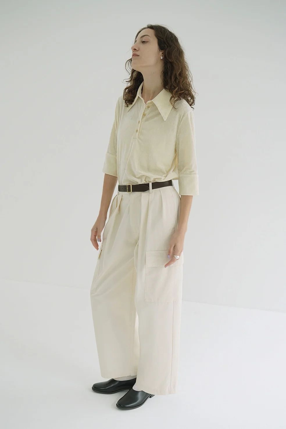 CLANE - ベロア ポロトップス - CRUSHED VELOUR POLO TOPS IVORY