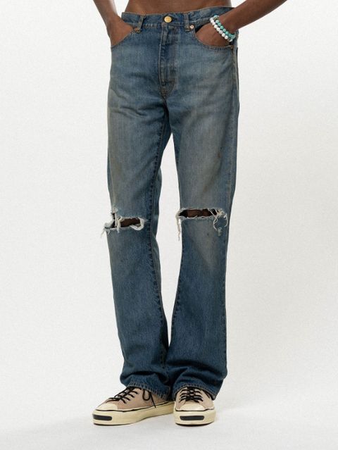 ディストレスド スリム ブーツカット デニム パンツ - Distressed Slim Bootcut Denim Pants (INDIGO)