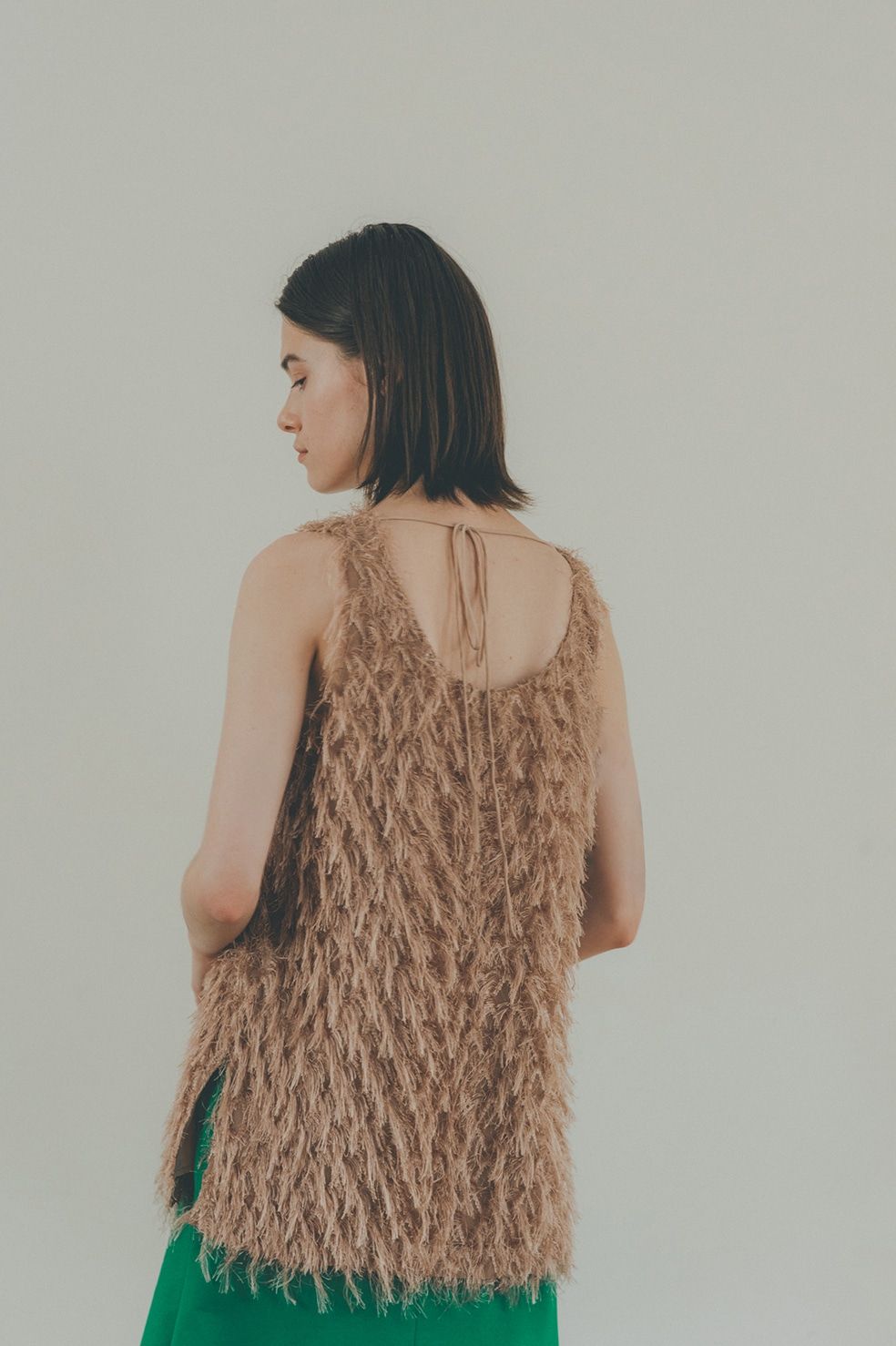 CLANE - W FACE CROSS FRINGE TOPS - BEIGE | ADDICT WEB SHOP