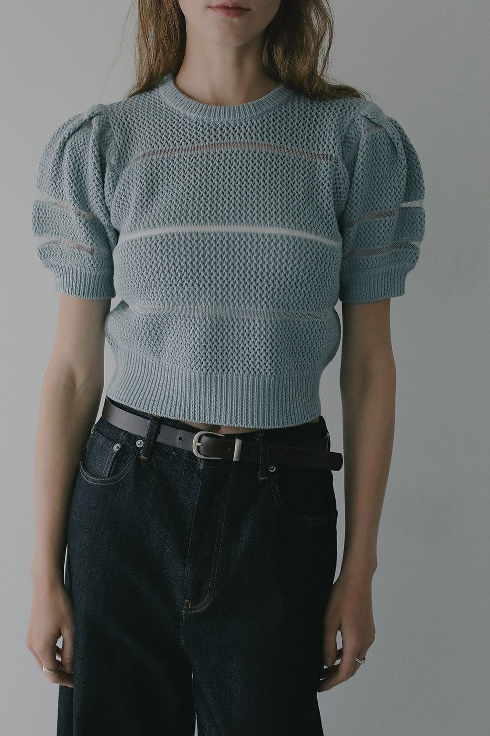 ショート丈ニットトップス - OPENWORK KNIT SHORT TOPS (BLUE)