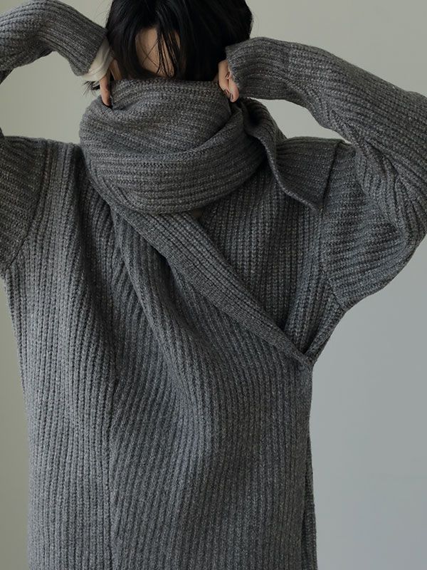 アシメトリーストールニットカーディガン - GREY