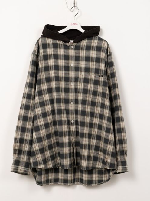 ディストレスト チェックシャツ フーディー - Distressed Check Shirts Hoodie BLACK