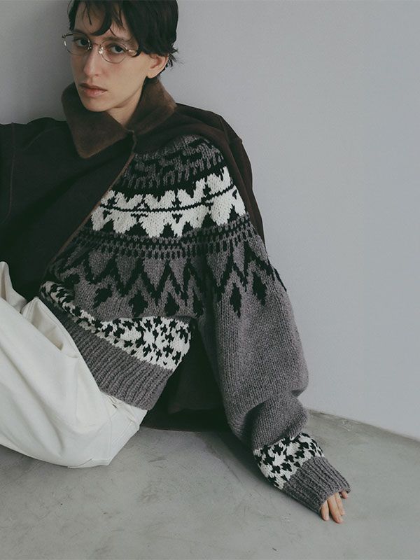ラウンドヨークハンドニットプルオーバー - GREY