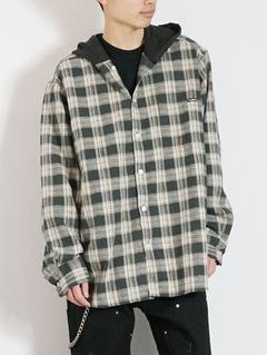 ディストレスト チェックシャツ フーディー - Distressed Check Shirts Hoodie BLACK