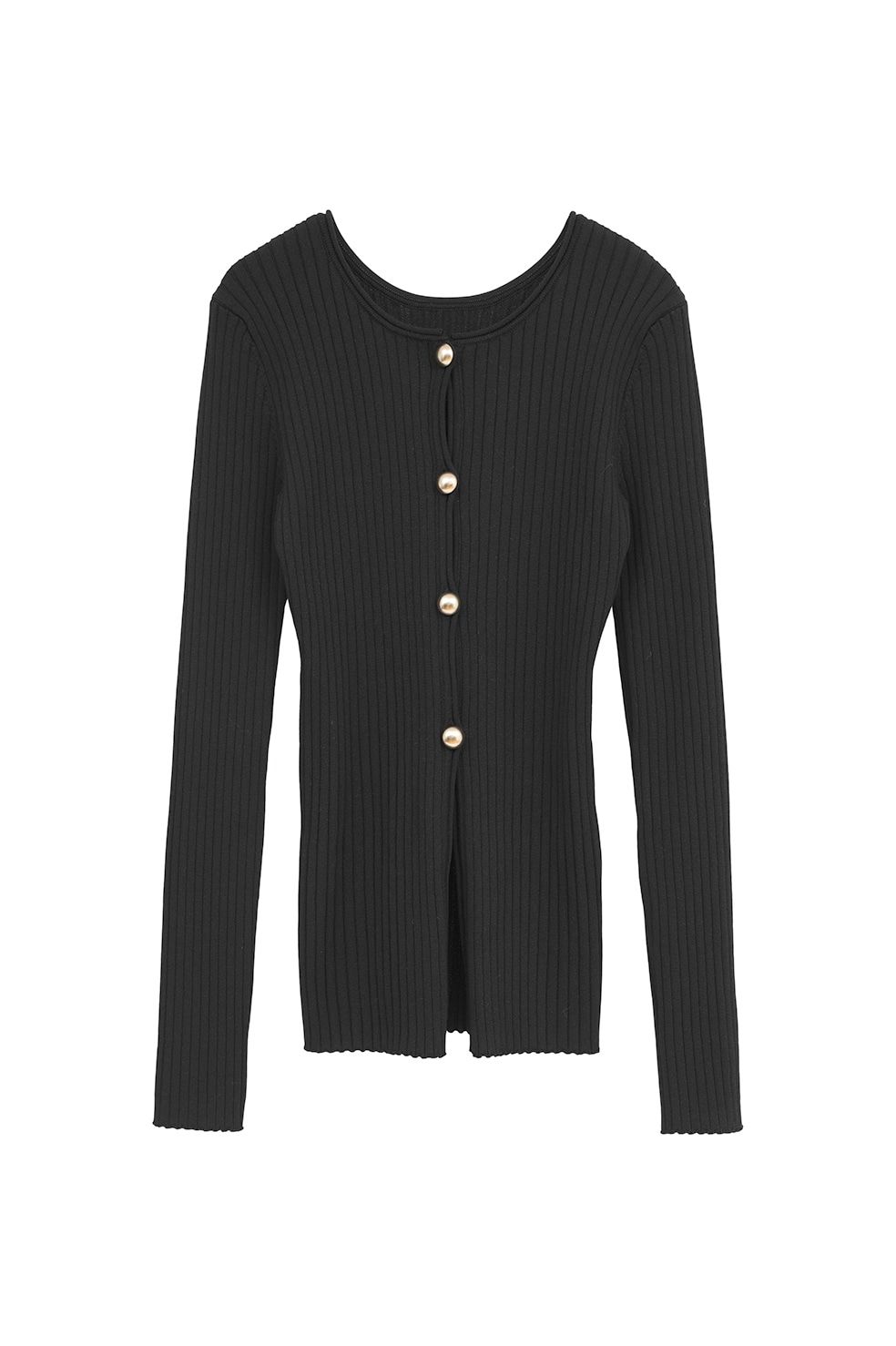 ダブルフェイスニットトップス - W FACE GOLD BUTTON KNIT TOPS (BLACK)