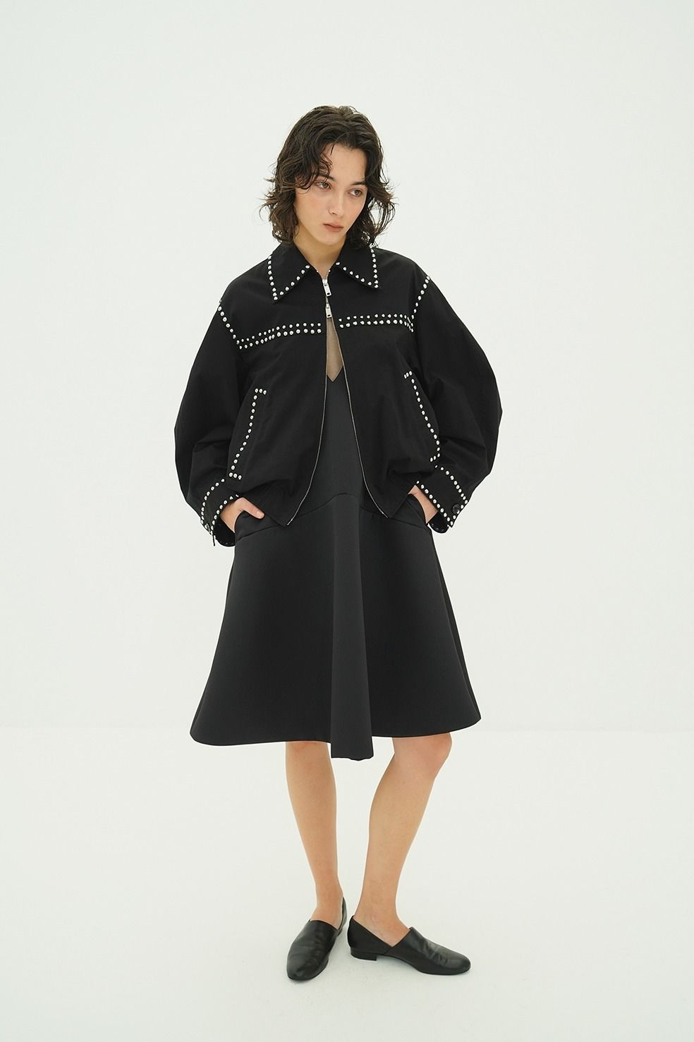 スタッズ ドリズラージャケット - W COLOR STUDDED DRIZZLER JACKET (BLACK)