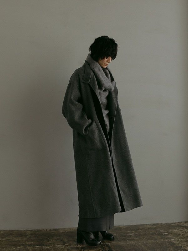 スタンドカラーリバーロングコート - GREY