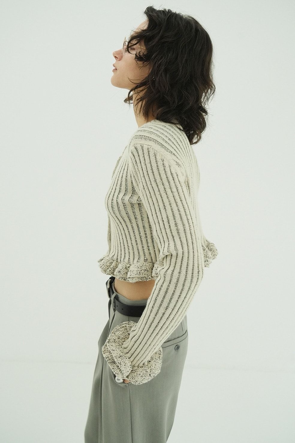 ダブルフェイス フリルド ニットトップス - W FACE SHORT FRILLED KNIT TOPS (WHITE)