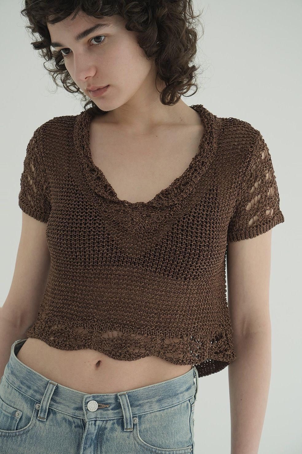 クロップドニットトップス - CROPPED CROCHET KNIT TOPS - BROWN