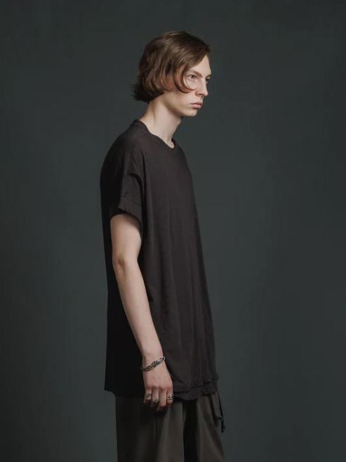 綿シルク 天竺 ショート スリーブ レイヤード ティーシャツ - double layerd short-sleeve t - DARK BROWN