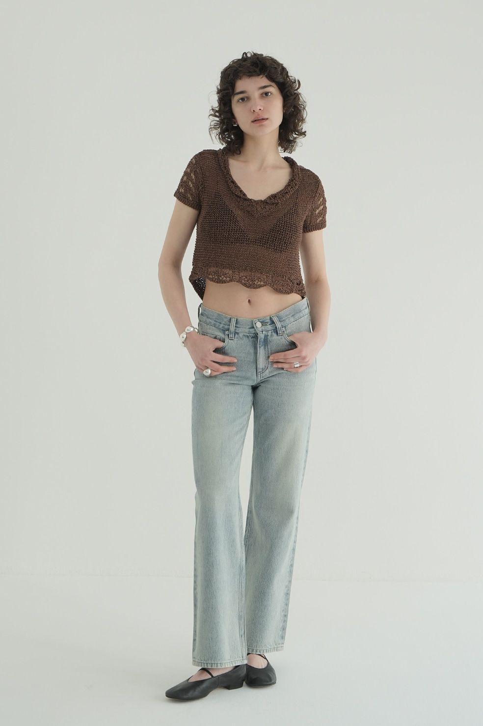 クロップドニットトップス - CROPPED CROCHET KNIT TOPS - BROWN