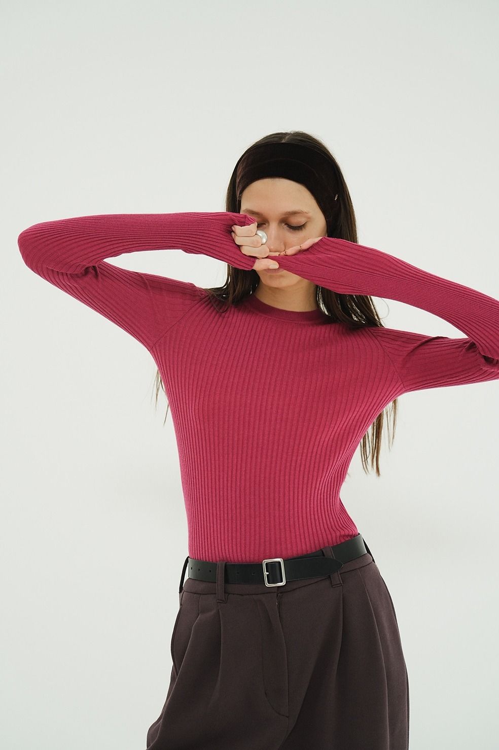 シアーリブニットカットソー | SHEER RIB KNIT TOPS (PINK)