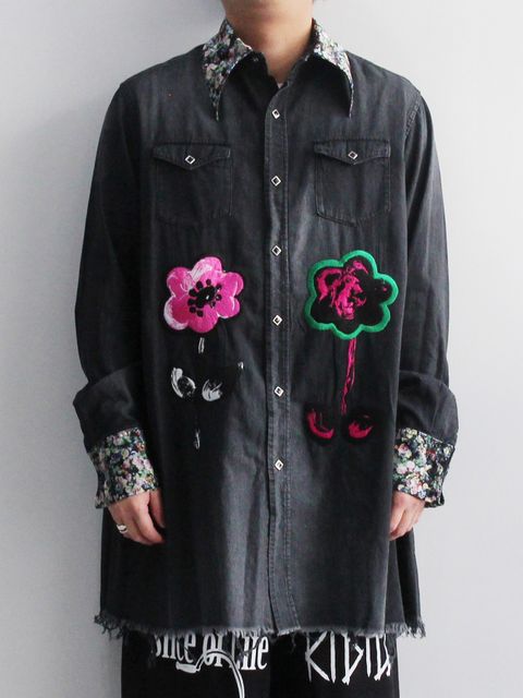 ハッピデニムシャツ - HIPPIE DENIM SHIRT - DISTRESSED DENIM - EMBROIDERY BLACK
