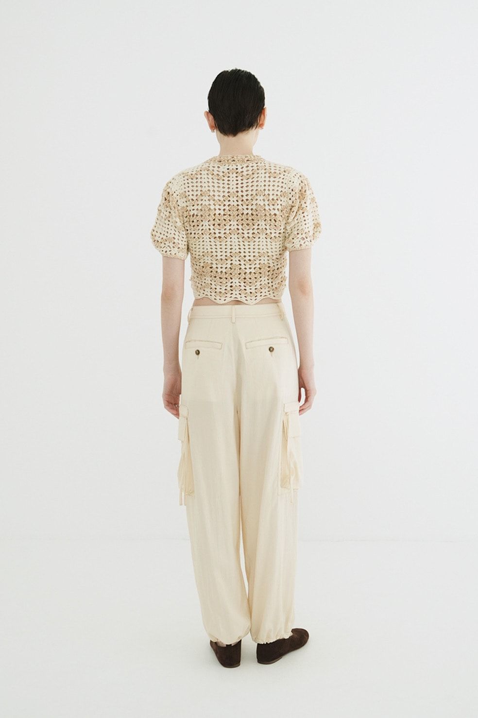 半袖ニットカーディガン - MALL BORDER HAND CROCHET KNIT CARDIGAN (BEIGE)