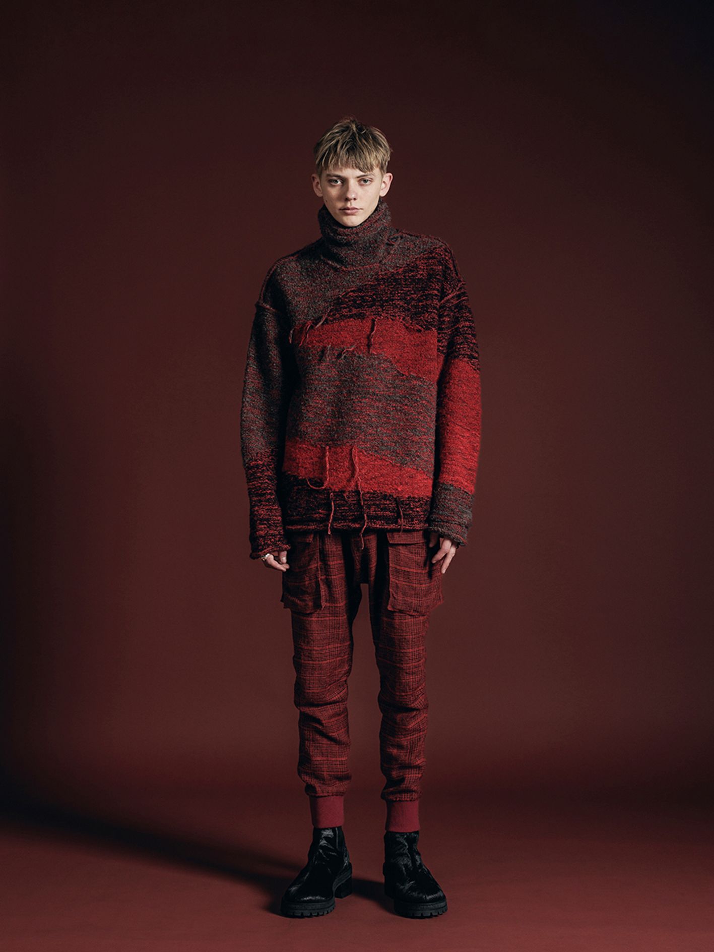 リバーシブル プルオーバー - reversible grunge sweater - VI-3652-07 - B-RED