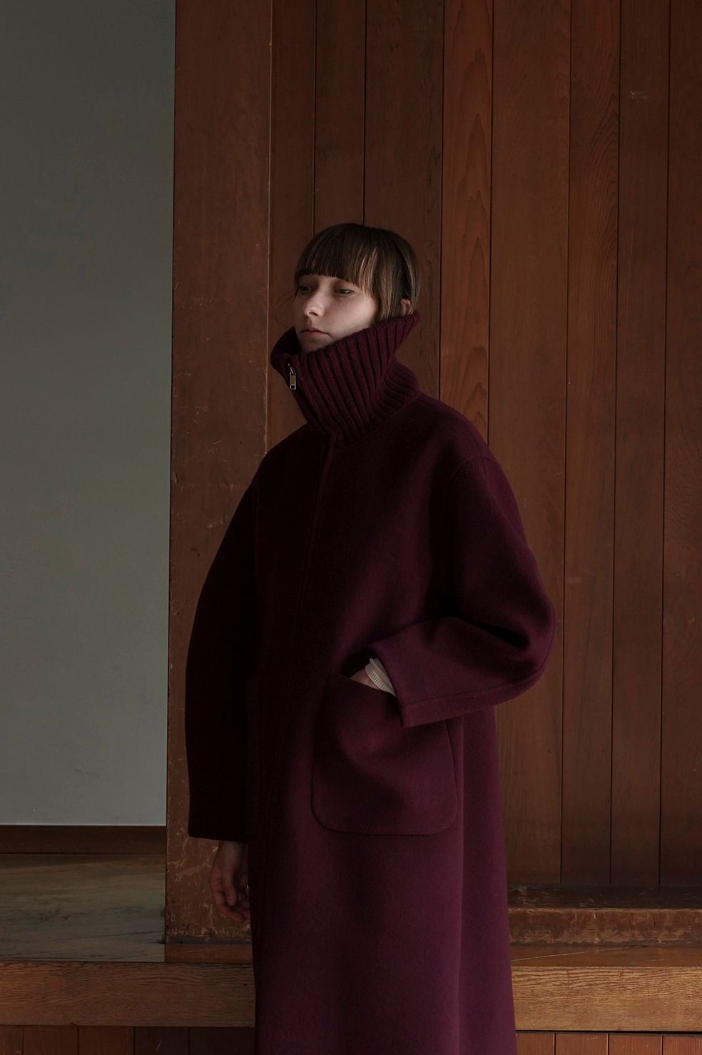 エリリブニットシングルコート - RIB COLLAR WOOL LONG COAT - BORDEAUX
