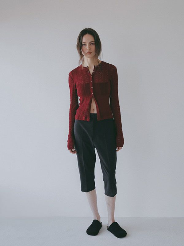 パターンスティッチシアーニットカーディガン （ BURGUNDY)