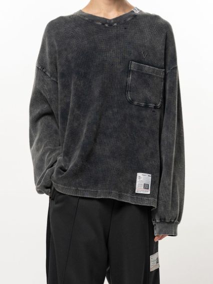 ブリーチド ワッフル ロング スリーブ Tシャツ - Bleached Waffle Long Sleeve T-Shirt (BLACK)