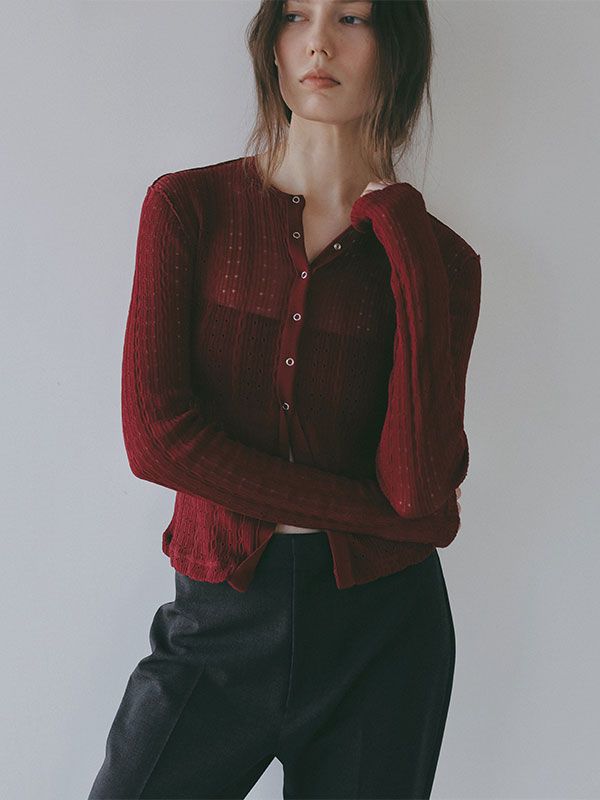 パターンスティッチシアーニットカーディガン （ BURGUNDY)