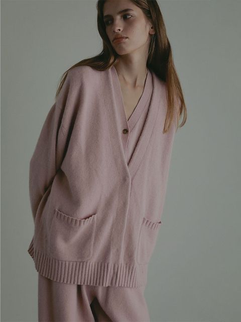 プレーンステッチVネックニットカーディガン (PINK)