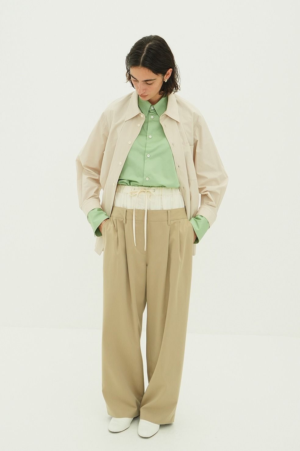 レイヤードシャツ - TWO TONE LAYERED SHIRTS (BEIGE)