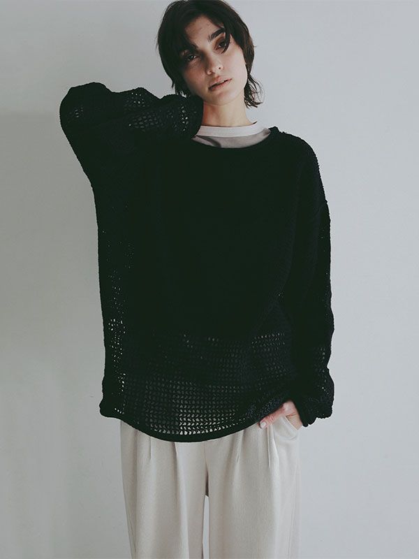 シアークロシェニットプルオーバー - BLACK