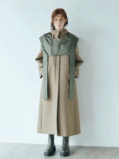 チェックフーデイーロングコート - KHAKI
