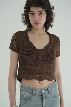 クロップドニットトップス - CROPPED CROCHET KNIT TOPS - BROWN